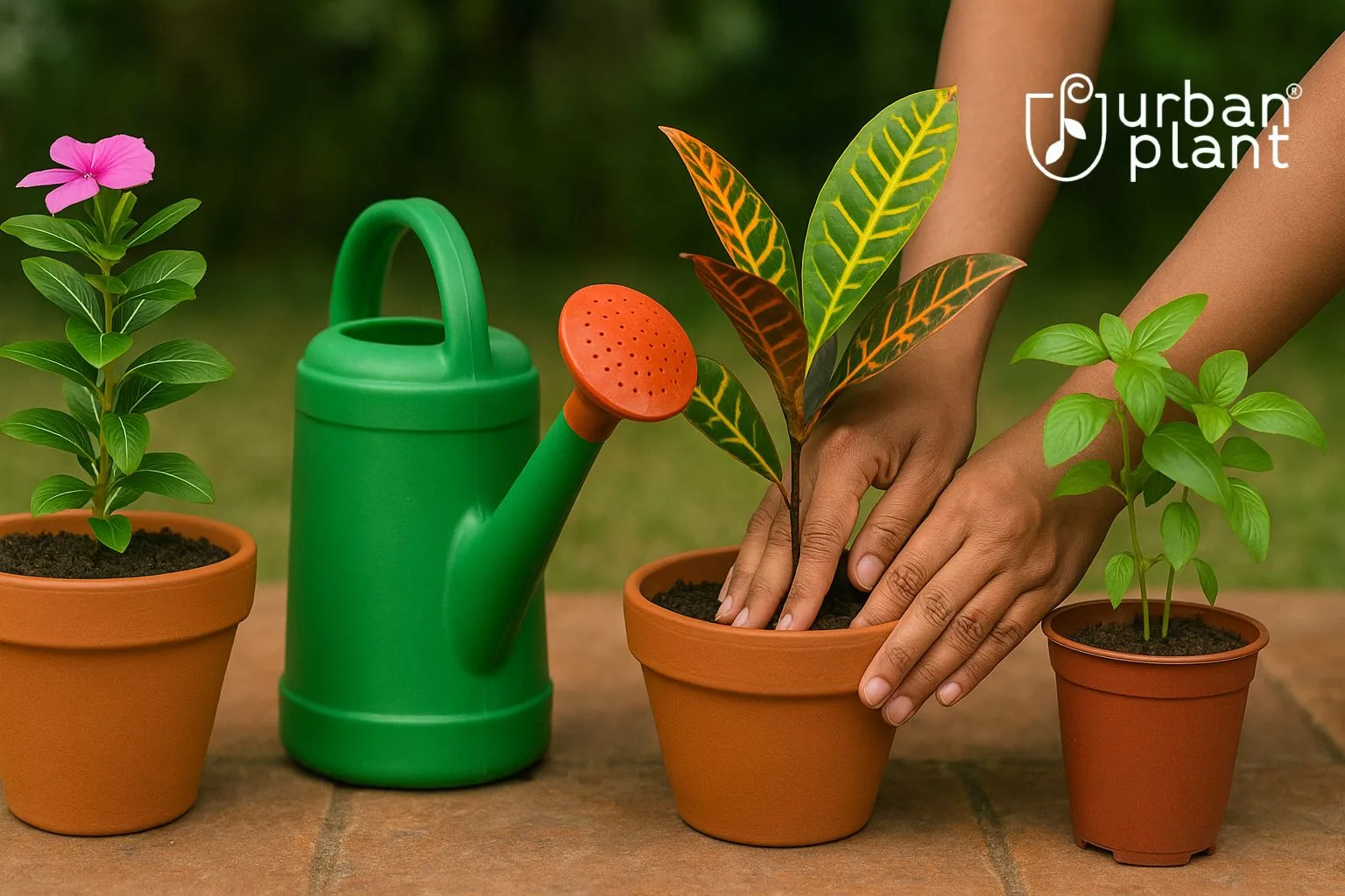 Seasonal care tips for Indian conditions with potted plants being watered and nurtured – Urban Plant